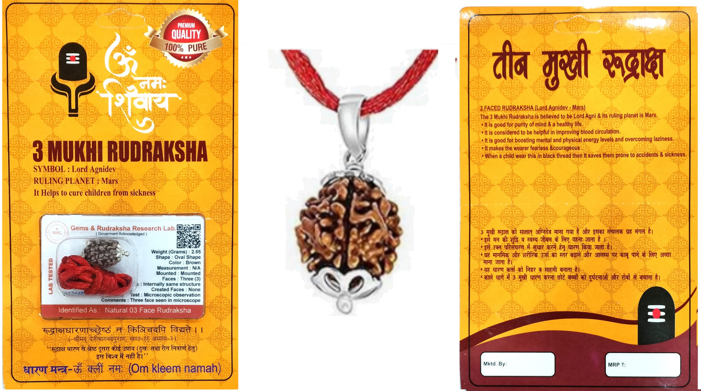 HaridwarDivine 3 Mukhi Rudraksha Pendant/Three Face Rudraksha Pendant Card - Silver Metal Cap (Lab Certified)