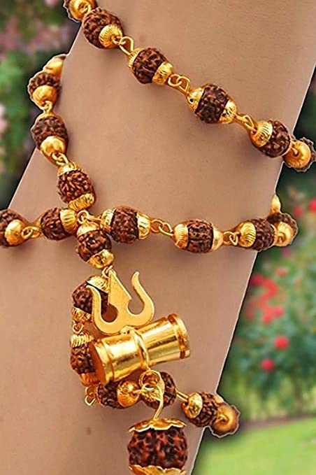 Rudraksha Mala, Golden Om Trishul Damru Pendant, Original Spiritual Shiva Bholenath Religious chain Locket for men and women