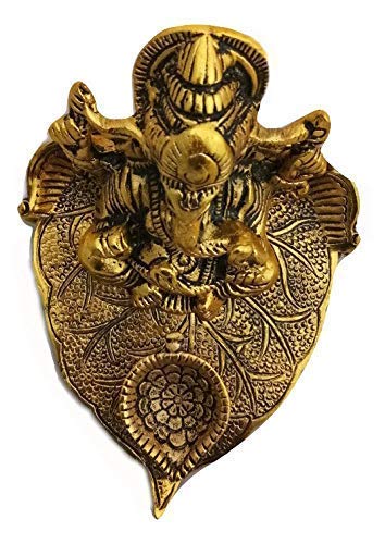 Handcrafted Metal Ganesh Idol on Leaf | Lord Ganesha with Diya for Diwali Pooja, Temple