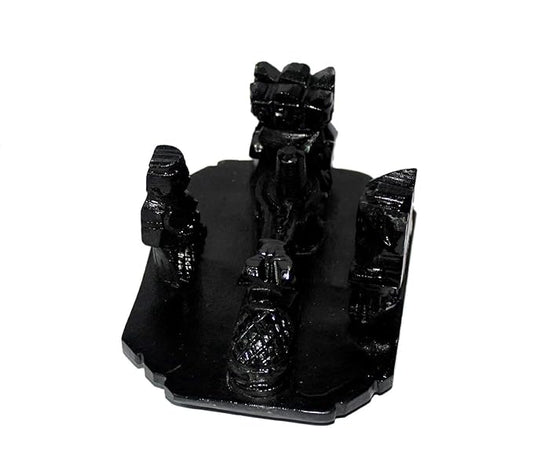 Black Marble Shivling with Shiv Parivar and Nandi Statue (Black)