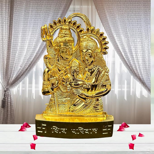 Handicraft Metal Gold Plated Shiv Parivar Shiv ji Parvati Ganesh Murti  Statues for Car Dashboard Mandir Pooja MurtiTemple Puja Home Decor Office Showpiece