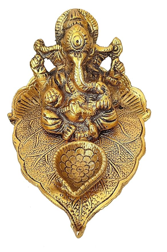 Handcrafted Metal Ganesh Idol on Leaf | Lord Ganesha with Diya for Diwali Pooja, Temple