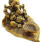 Handcrafted Metal Ganesh Idol on Leaf | Lord Ganesha with Diya for Diwali Pooja, Temple