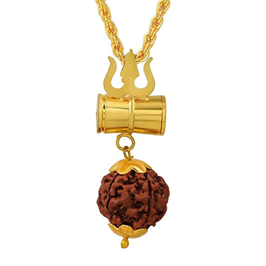 Gold Plated Brown Rudraksha Lord Shiv Trishul Damru Locket